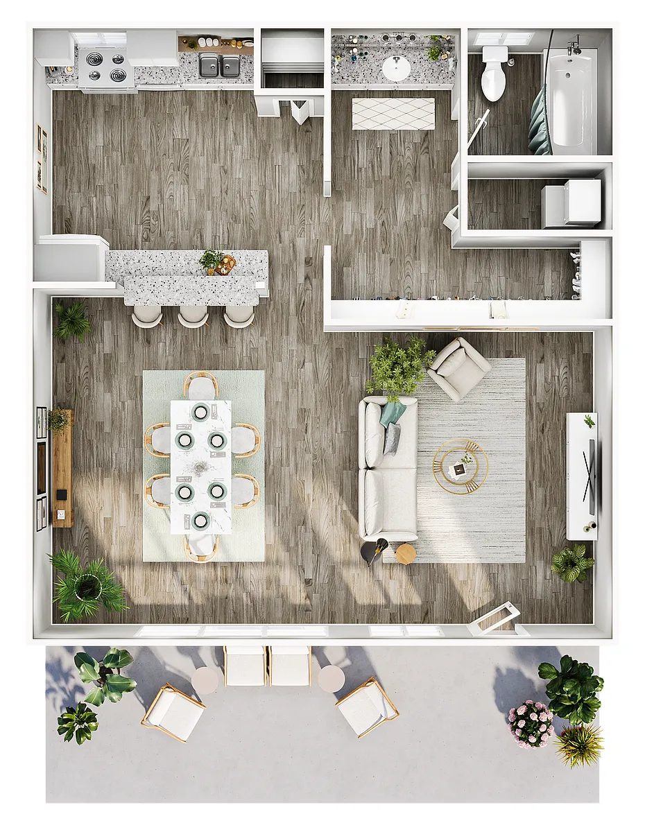 Floor plan 0 Bed, 1 Bath (600 Sq. Ft.)