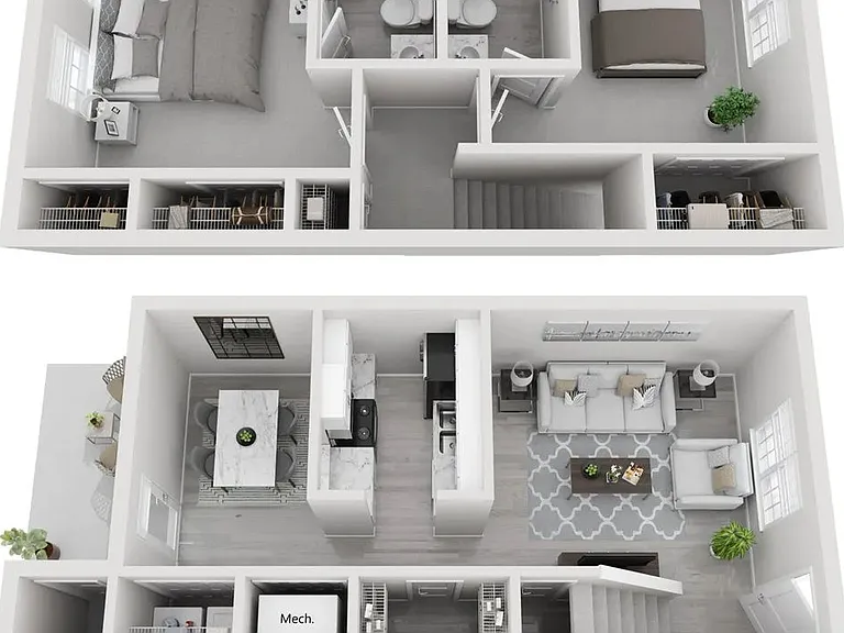 A 3D rendering of The Saluda, our 2 bedroom 2 bathroom floor plan
