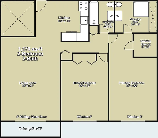 Floor plan 2 Bedroom 2 Bath with Balcony