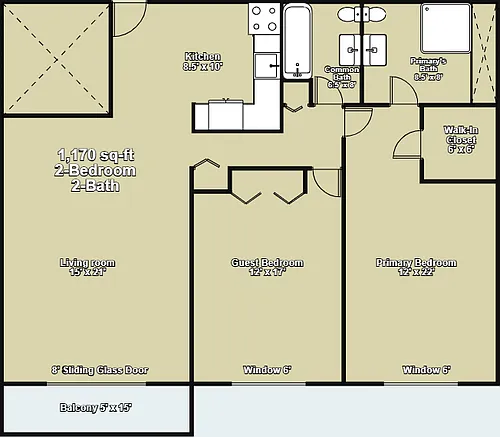 Floor plan 2 Bedroom 2 Bath with Balcony