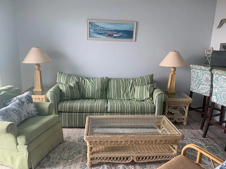 Open living area with queen pull out sofa
