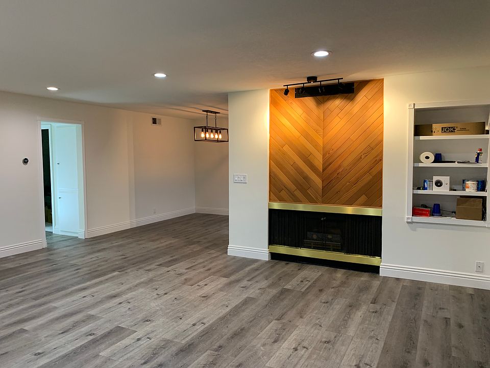Living room and dining room with gas fireplace