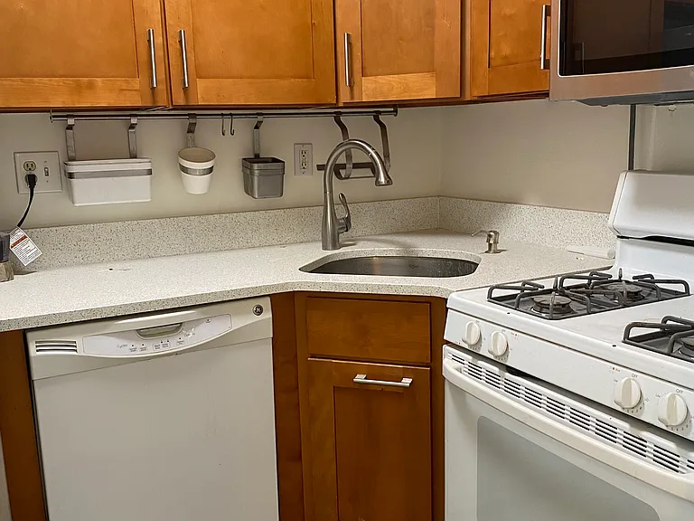 Fully equipped modern kitchen. Gas range, microwave, dishwasher. Pocket doors