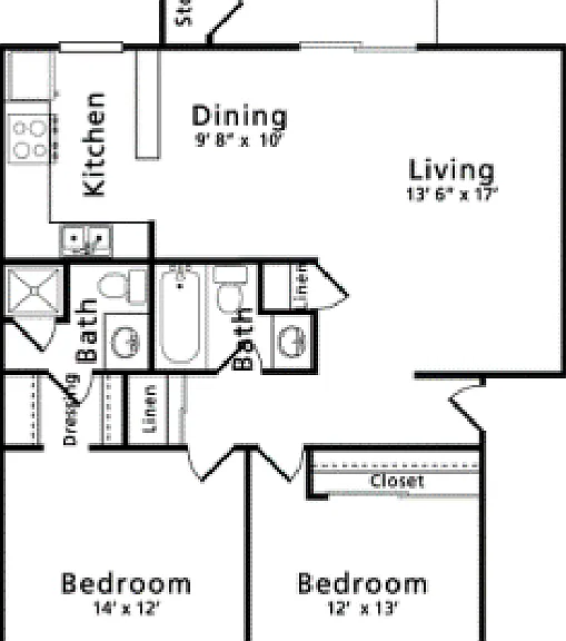 2 Bed 2 Bath Floorplan Diagram