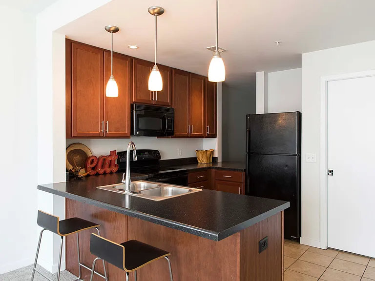 Modern kitchen features sleek finishes, pendant lighting, and plenty of space to cook and gather.