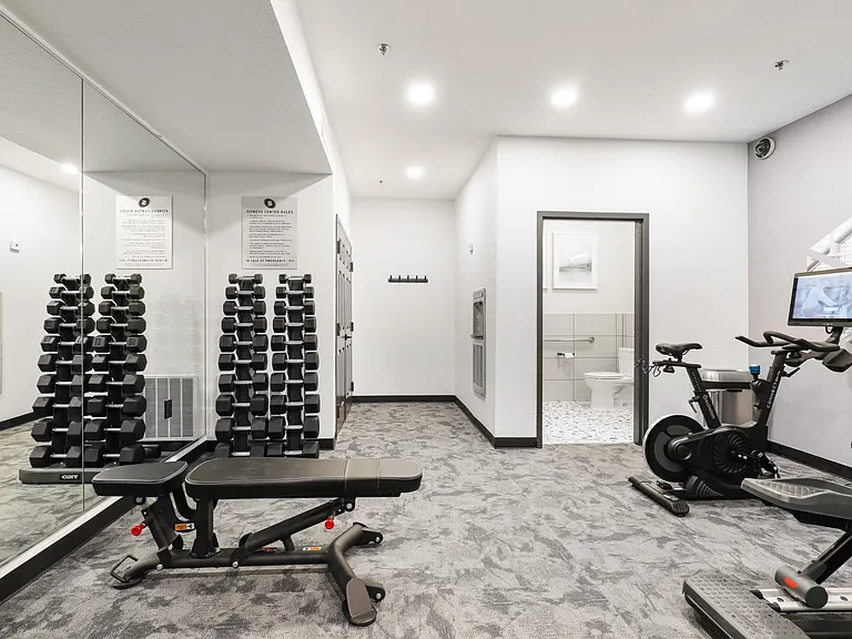 Free weights in the Fitness Center at Switchback on Platte Apartments in Littleton, CO