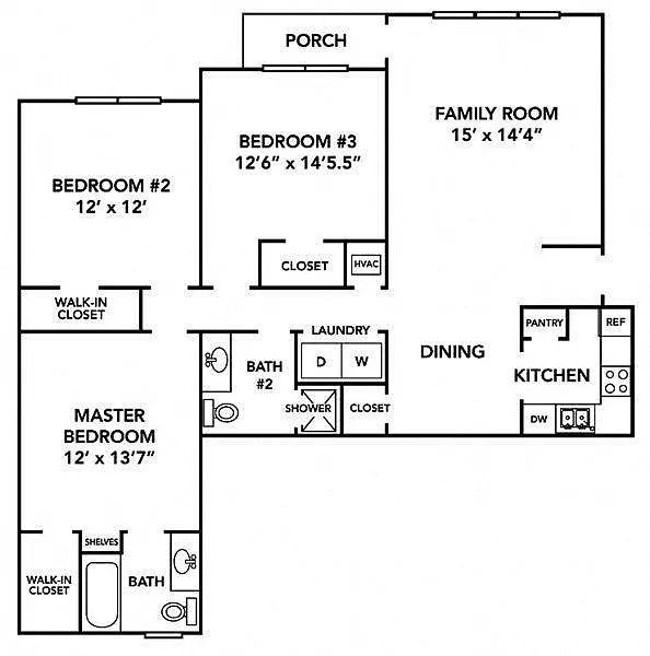 Floor plan 3BR 2BA (1225 SF)
