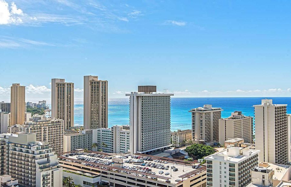 View of downtown Waikiki buildings and ocean