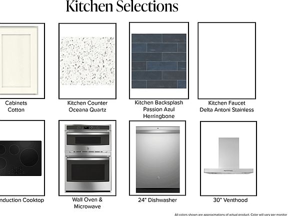 A grid of kitchen selections including Cotton cabinets, Oceana quartz countertop, Passion Azul herri