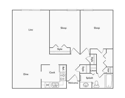Floor plan 2 BR x 1 BA