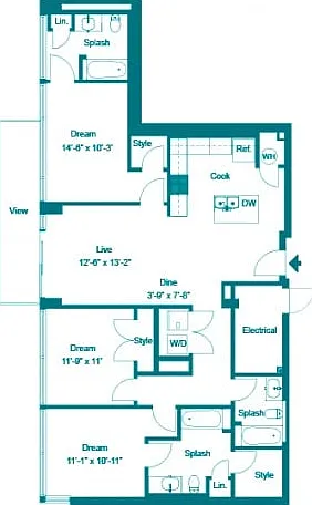 Three Bedroom Three Bath (1446 SF) Three Bedroom Three Bath (1446 SF)
