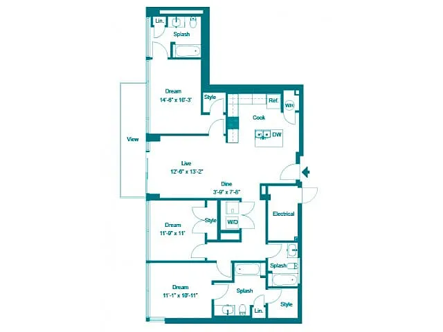 Floor plan Three Bedroom Three Bath (1446 SF)