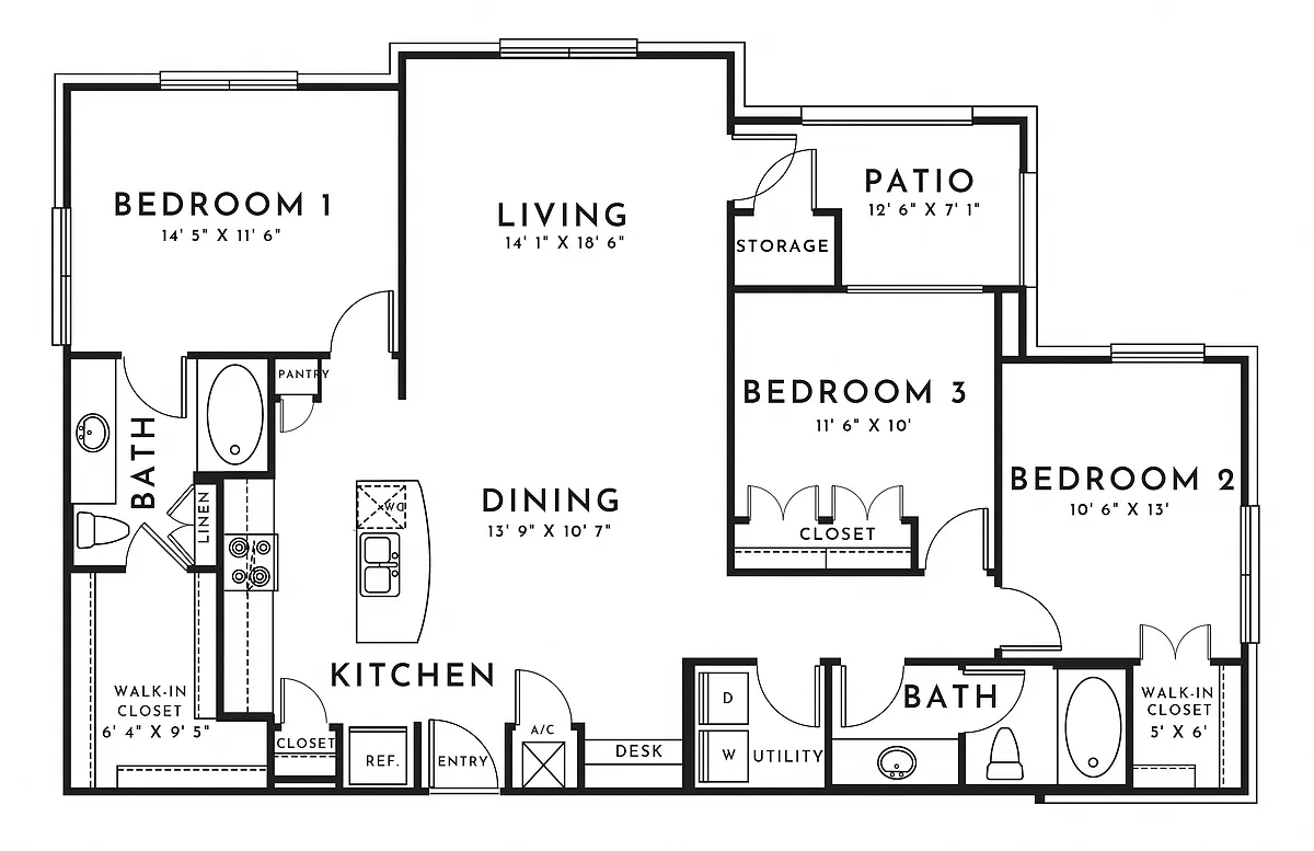 Floor plan 3BR 2BA (1409 SF)