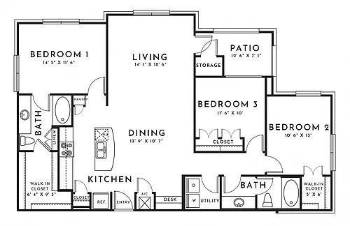 Floor plan 3BR 2BA (1420 SF)