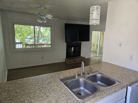 View of family room from kitchen sink.