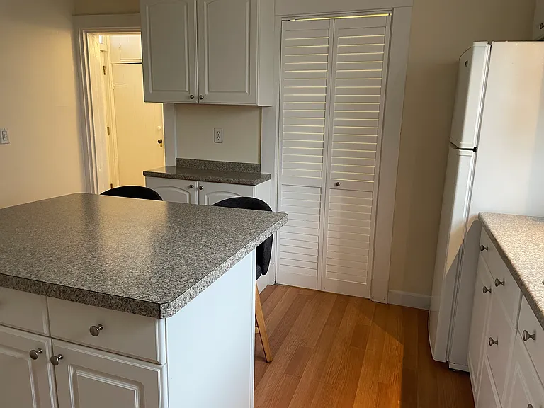 Kitchen looking towards driveway-side entry and mudroom (back left), and laundry/pantry room (behind louvered doors)