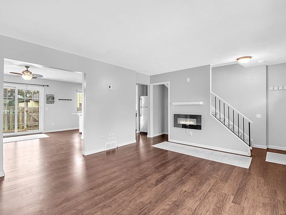 Entrance, living room, dining area