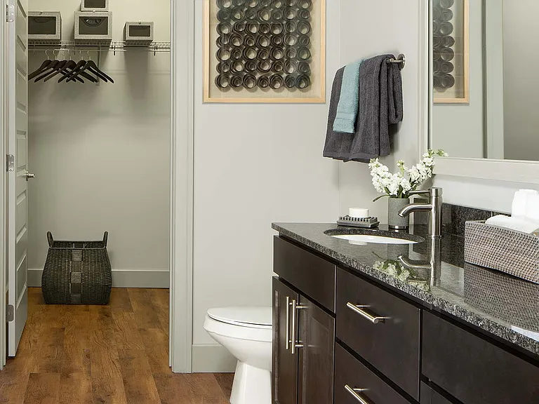 Apartment Bathroom with spacious closet, double sinks and hardwood flooring.