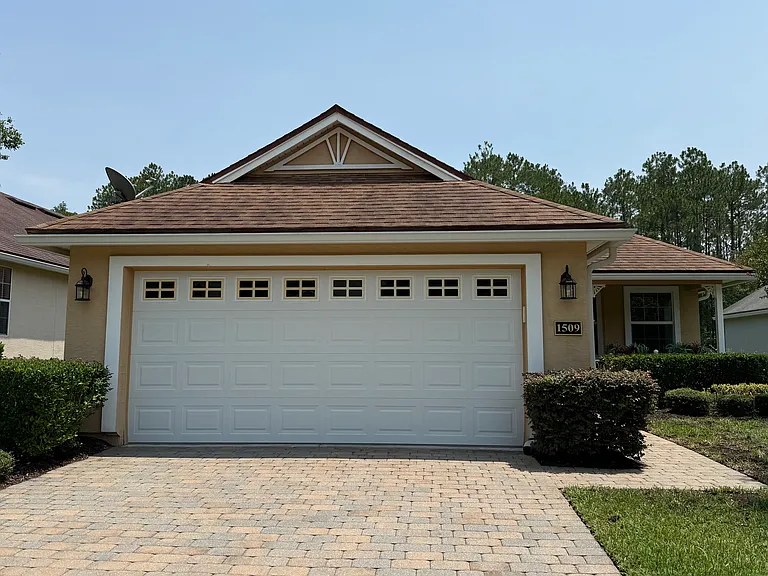 Front of Home. Home will be painted in September. Maison Blanche (Vanilla like color) with Alabaster trim (soft white).