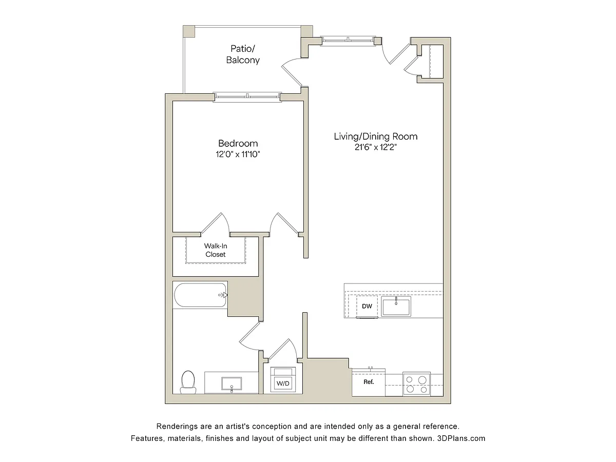 Floor plan A1 - 1BR 1BA (711 SF)