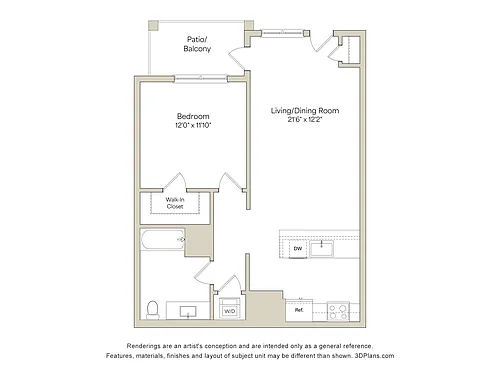 Floor plan A1 - 1BR 1BA (711 SF)
