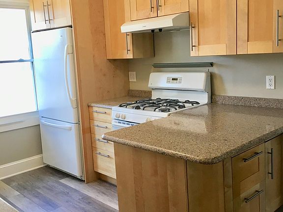 gas stove; large fridge with bottom freezer