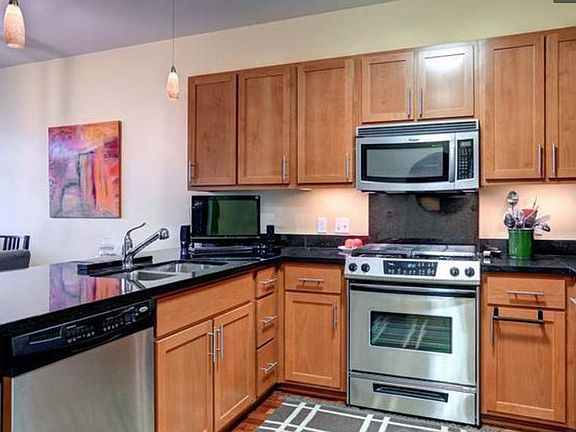 Kitchen with stainless appliances and black slab granite cou
