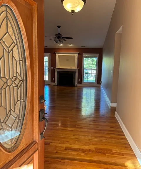 View from entryway to propane fireplace