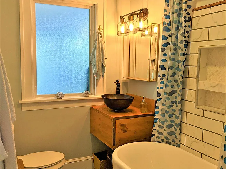 Bathroom is small but completely remodelled