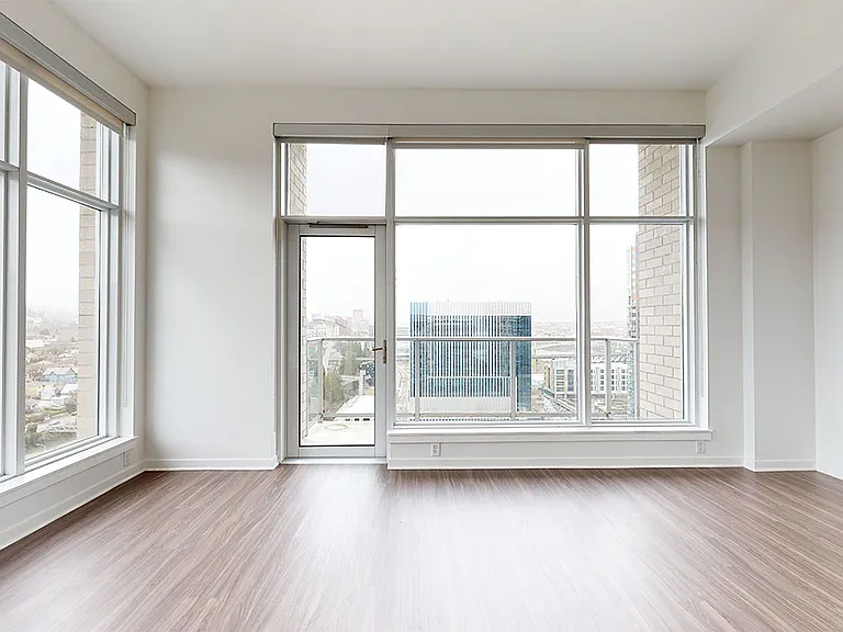 Apartment living room with wood-style flooring.