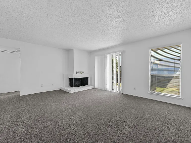 Spacious open floor plan with access to kitchen and fireplace with sliding door