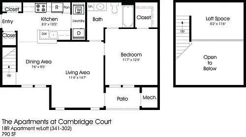 Floor plan 1BR 1BA Loft (790sf)