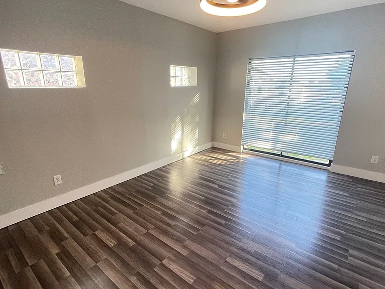 Beautiful updated vinyl plank flooring, glass-block windows, Juliette balcony and walk-in closet in the main living/sleeping area.