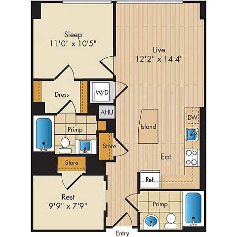 Floor plan 1 Bed 2 Bath w Den Sig-ADS1b