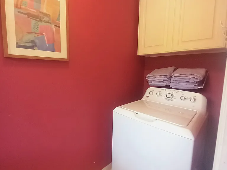 Laundry Room Features Full-Size Washer and Dryer, Drying Rack, Drying Line, Storage, Cleaning Products