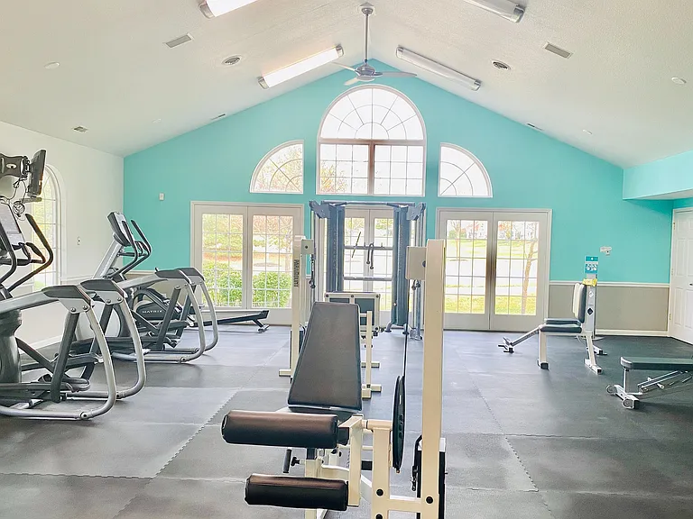 The 24-hour fitness center provides lots of natural light, along with an array of cardio and strenght-building equipment.