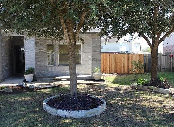 Close up of shady front yard with 2 oak trees