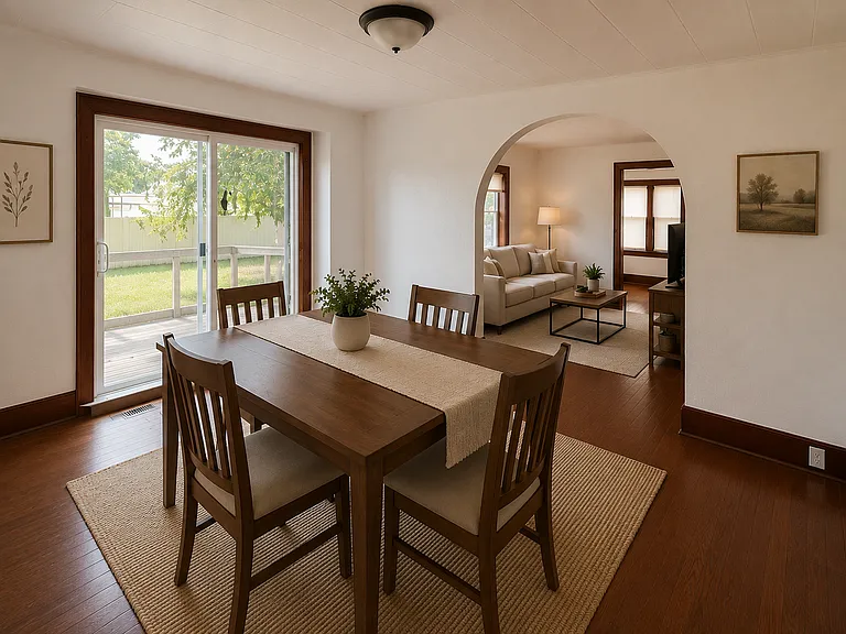 Dining room with walk out slider to partially fenced in backyard