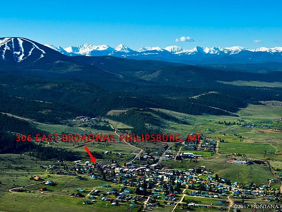 Philipsburg MT aerial from 2017 showing downtown, Discovery Basin ski area and the Pintler range