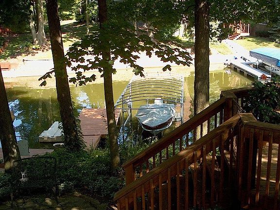 Looking down to the water from the upper level deck