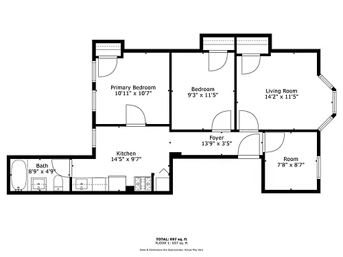 Floor plan 2 bedroom, 1 bath with den