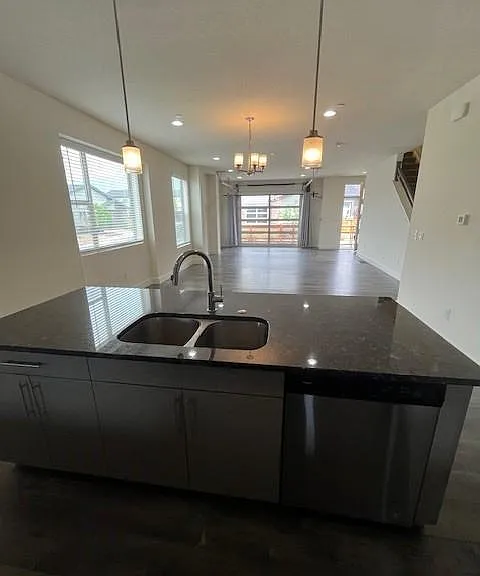 View from kitchen island to great room