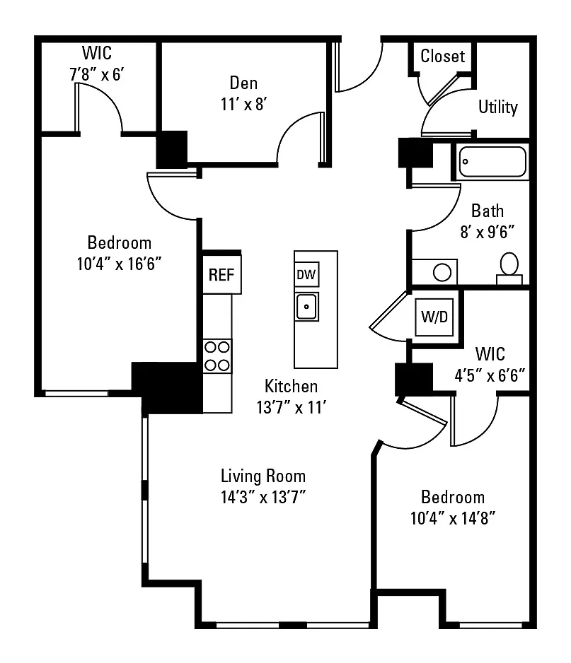 Floor plan 2 Bedroom 1 Bath w/ Den