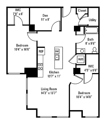 Floor plan 2 Bedroom 1 Bath w/ Den