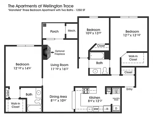 Floor plan 3BR 2BA (1250sf)