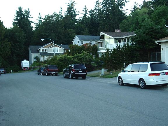 Street view of neighborhood, looking south toward the forest park and end of the cul-de-sac