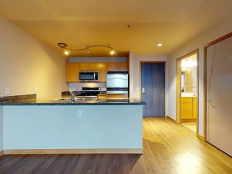 Apartment kitchen with stainless steel appliances, granite countertops and wood-style flooring.