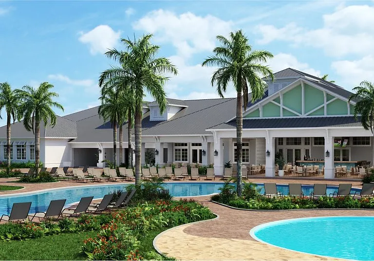 Community Pool: The expansive resort-style swimming pool features plenty of spaces for lounging and enjoying drinks from the bar.