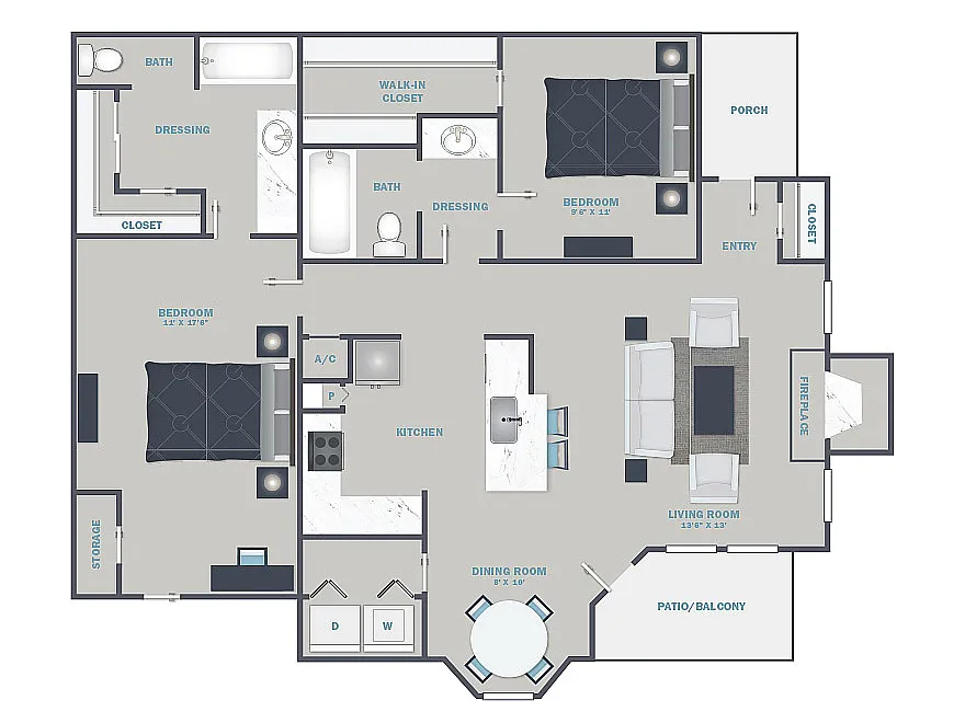 Floor plan 2 Bed, 2 Bath B (80% Income Restricted)