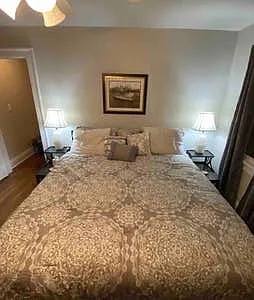 Back Bedroom with King bed, TV, dresser, closet, lots of windows & blackout curtains